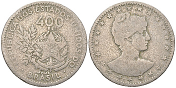 Бразилия 400 реалов 1901 MCMI, голова свободы вправо KM 505 медно-никель 4612-511