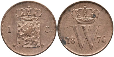 НИДЕРЛАНДЫ 1 ЦЕНТ 1876 ВИЛЛЬЯМ III (1849-1890) KM 100 медь 117-454