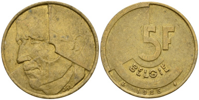 Бельгия 5 франков 1986 Belgie, Бодуэн I (1951-1993) KM 164 алюминиевая бронза 4601-235