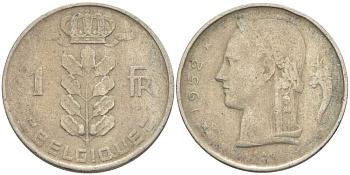 БЕЛЬГИЯ 1 ФРАНК 1952 BELGIQUE, БОДУЭН I (1951-1993) KM 142.1 медно-никель 119-436