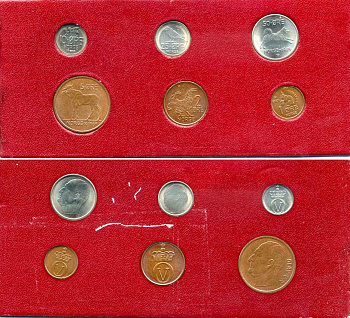 Норвегия набор из 6 монет 1969-1970 Улаф V, животные, в картонном буклете UNC 4-4-1-12