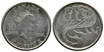 КАНАДА 10 ЦЕНТОВ 2001 ПАРУСНИК, ЕЛИЗАВЕТА II, ГОД ВОЛОНТЕРА KM 183b никелированная сталь 84-1526