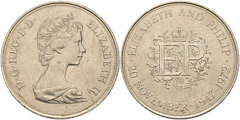 Великобритания 25 пенсов 1972 25 лет со дня свадьбы Елизавтеы II И Филлипа (1947-1972, серебрянная свадьба), Елизавета II (1952-2022) KM 917, Spink 4226 медно-никель UNC 4578-531