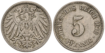 Германия 5 пфеннигов 1913 A, KM 11, J. 12 медно-никель 220-665