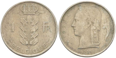 БЕЛЬГИЯ 1 ФРАНК 1952 BELGIQUE, БОДУЭН I (1951-1993) KM 142.1 медно-никель 119-436