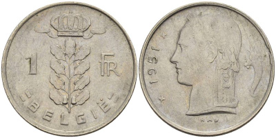 БЕЛЬГИЯ 1 ФРАНК 1951 BELGIE KM 143.1 медно-никель 4546-335