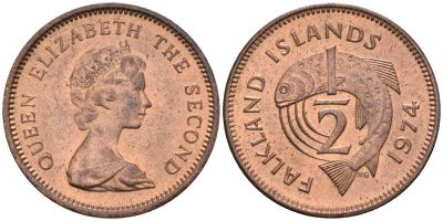 Фолклендские острова 1/2 пенни 1974 Елизавета II (1952-2022), лосось KM 1 бронза UNC 4580-124