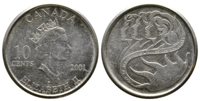 КАНАДА 10 ЦЕНТОВ 2001 ПАРУСНИК, ЕЛИЗАВЕТА II, ГОД ВОЛОНТЕРА KM 183b никелированная сталь 84-1526