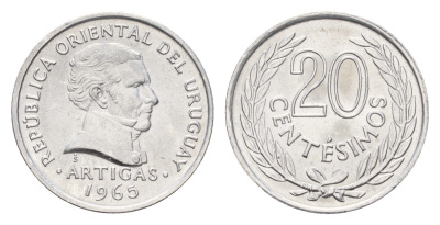 Уругвай 20 сентесимо 1965 год-тип KM 44 алюминий UNC 4173-629