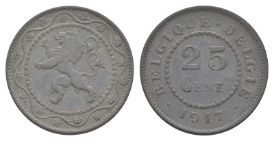 Бельгия 25 сантимов 1917 германская оккупация Первая мировая война, Альберт I (1909-1934) KM 82 цинк 4156-811