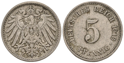 Германия 5 пфеннигов 1913 A, KM 11, J. 12 медно-никель 220-665