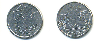 Бразилия 5 крузейро 1990 фермер KM 618.1 нержавеющая сталь aUNC 93-654