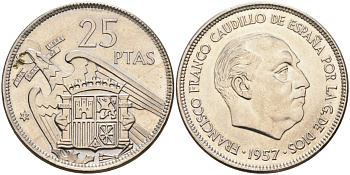 Испания 25 песет 1957(75) Франциско Франко (1939-1975) KM 787 медно-никель UNC 4583-1022
