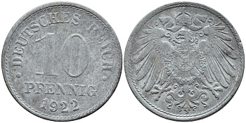 ГЕРМАНИЯ 10 ПФЕННИГОВ 1922 KM 26, J. 299 цинк 4395-1257