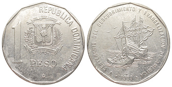 Доминиканская Республика (Доминикана) 1 песо 1989 500 лет открытию и евангелизации Америки KM 74 медно-никель BU 650-1145