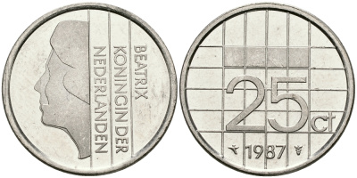 НИДЕРЛАНДЫ 25 ЦЕНТОВ 1987 БЕАТРИКС KM 204 никель 96-316