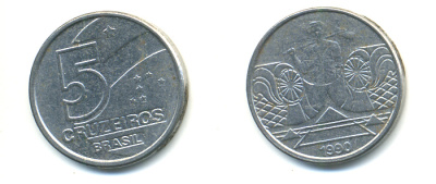 Бразилия 5 крузейро 1990 фермер KM 618.1 нержавеющая сталь aUNC 93-654