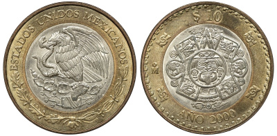 Мексика 10 песо 2000 Мо, бог Тонатиу - бог солнца, смена тысечелетий KM 636 биметалл UNC 4367-1111