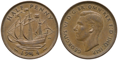 Великобритания 1/2 пенни 1944 Георг VI (1936-1952) KM 844, Spink 4115 бронза 34-1031