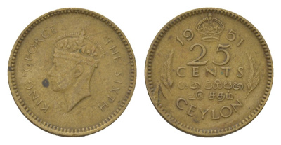Цейлон 25 центов 1951 KM 122 никель латунь 4624-814