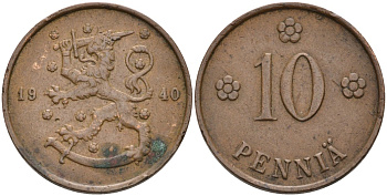 Финляндия 10 пенни 1940 KM 24 медь 4563-624