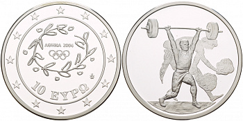 Греция 10 евро 2004 XXVIII летние Олимпийские игры 2004 года в Афинах, тяжелая атлетика, штанга KM 202 серебро PROOF 06-225-15