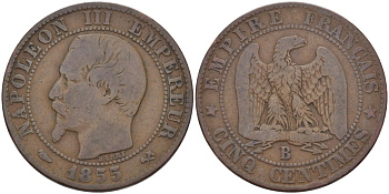 Франция 5 сантимов 1855 B, Наполеон III (1852-1870) KM 777.2, LE FRANC 166.18 бронза 28-651