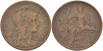 ФРАНЦИЯ 5 САНТИМОВ 1898 ТИП ДАНИЭЛЬ ДЮПЮИ KM 842, LE FRANC 119.5 бронза 108-813