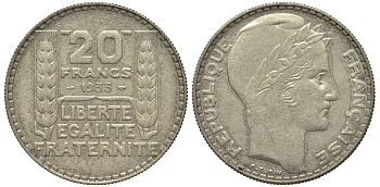 Франция 20 франков 1933 Пьер Тюрен KM 879, Le Franc 400.3 сереброо 413-3444