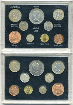 Великобритания набор из 9 монет 1965 двенадцатритричная денежная система, крона 1965 года с Черчиллем, в упраковке UNC 3-6-4-3