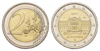 Германия 2 евро 2019 J, 70 лет Бундесрату KM 377 биметалл UNC 72-1754