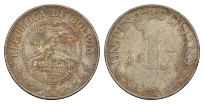 Боливия 1 песо 1969 KM 192 сталь плакированная никелем 4656-944