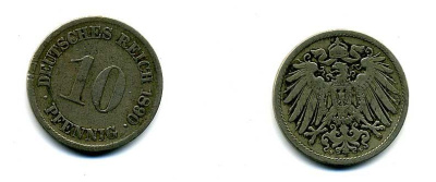 ГЕРМАНИЯ 10 ПФЕННИГОВ 1890 F МТ 12 евро 35-531