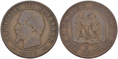 Франция 5 сантимов 1855 B, Наполеон III (1852-1870) KM 777.2, LE FRANC 166.18 бронза 28-651