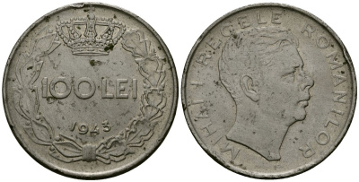 Румыния 100 леев 1943 Михай I (1940-1947) KM 64 сталь плакированная никелем 4582-1213