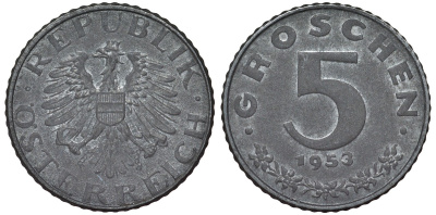Австрия 5 грошей 1953 состояние KM цинк 4164-328