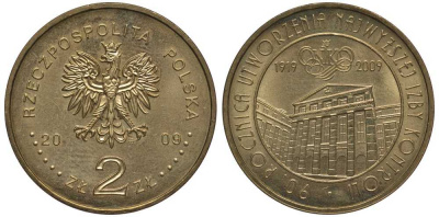 Польша 2 злотых 2009 MW, 90 лет открытия народной палаты контроля KM 673 латунь 111-333