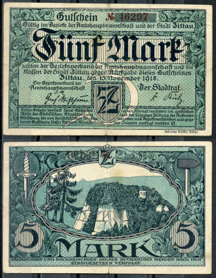 Германия, Циттау 5 марок 1918 нотгельд, 15.11.1918, 5 цифр в номере Geiger 578.01  бумага   444-113-1-2