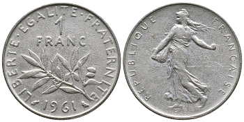 ФРАНЦИЯ 1 ФРАНК 1961 СЕЯТЕЛЬ KM 925.1 никель 3999-1045