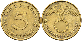 Германия 5 рейхспфеннигов 1938 A KM 91, J. 363 алюминиевая бронза 4151-829