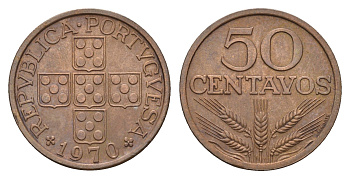 Португалия 50 сентаво 1970 KM 596 бронза aUNC 4679-528