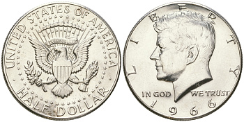 США 1/2 доллара (50 центов) 1966 Джон Кеннеди KM 202a серебро  UNC  4178-822