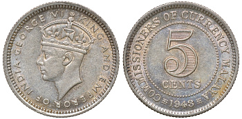 Британская Малайя 5 центов 1943 Георг VI (1937-1952) KM 3a серебро 53-151