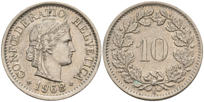 Швейцария 10 раппенов 1968 В KM 27 медно-никель    4152-1139