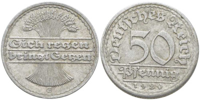 ГЕРМАНИЯ 50 ПФЕННИГОВ 1920 G KM 27, J. 301, Weege 10 алюминий 3856-612