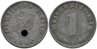 ГЕРМАНИЯ 1 РЕЙХСПФЕННИГ 1940 D J 369, KM 97 цинк 75-145