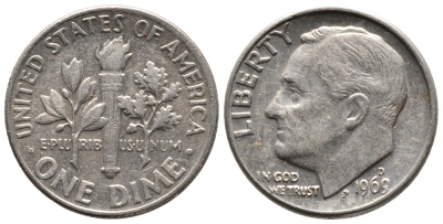 США 10 ЦЕНТОВ = 1 ДАЙМ 1969 D, РУЗВЕЛЬТ KM 195а медь плакированная медно-никелем 73-227