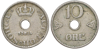 Норвегия 10 эре 1924 KM 383 медно-никель 51-2835
