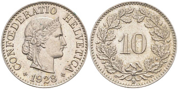 Швейцария 10 раппенов 1928 B KM 27 медно-никель     3309-419
