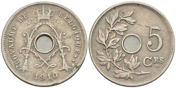 Бельгия 5 сантимов 1910 Belgique, Альберт I (1909-1934) KM 66 медно-никель 213-452